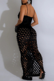Black Sexy Solid Color Hollow Out Patchwork Backless Slit Zipper Spaghetti Strap Sling Dresses