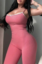 Pink Sexy Solid Color Patchwork Backless Bow Decor Spaghetti Strap Skinny Jumpsuits