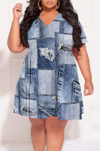 Baby Blue Casual Faux Denim Print Contrast V Neck Printed Plus Size Dresses