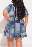 Dark Blue Casual Faux Denim Print Contrast V Neck Printed Plus Size Dresses