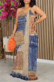 Baby Blue Sexy Faux Denim Print Contrast U Neck Printed Dresses