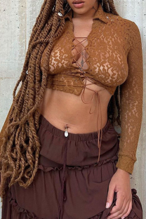Brown Sexy Solid Color Lace Hollow Out Patchwork Cross Straps Asymmetrical Collar Tops