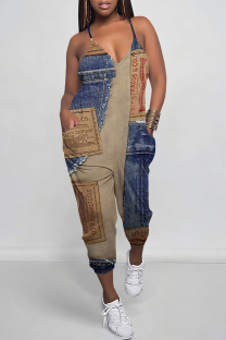 Blue Coffee Casual Street Faux Denim Print Pocket Contrast V Neck Jumpsuits