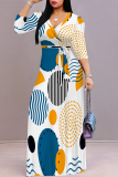 White Casual Street Geometric Print Leopard Lace Up Contrast V Neck Printed Dresses