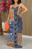 Baby Blue Sexy Faux Denim Print Contrast U Neck Printed Dresses