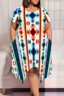 White Casual Geometric Print Smiley Face Print Irregular Contrast O Neck Printed Plus Size Dresses