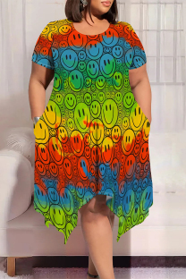 Colour Casual Geometric Print Smiley Face Print Irregular Contrast O Neck Printed Plus Size Dresses