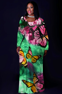 Green Casual Print Basic O Neck Long Plus Size Dresses