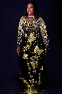 Black Gold Casual Print Basic O Neck Long Plus Size Dresses