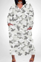 Gray White Casual Camouflage Print Pocket Patchwork V Neck Straight Plus Size Dresses