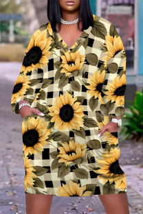 Yellow Casual Street Camouflage Print Butterfly Flowers Pocket Contrast V Neck Printed Plus Size Dresses