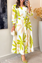 Multicolor Casual Leaf Print Lace Up O Neck Long Dresses