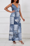 Baby Blue Sexy Faux Denim Print Pocket Contrast V Neck Sling Dresses