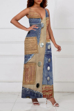 Baby Blue Sexy Faux Denim Print Pocket Contrast V Neck Sling Dresses