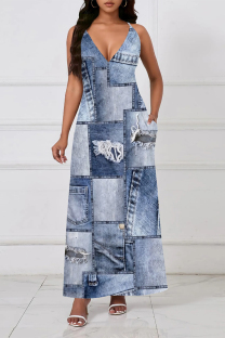Baby Blue Sexy Faux Denim Print Pocket Contrast V Neck Sling Dresses