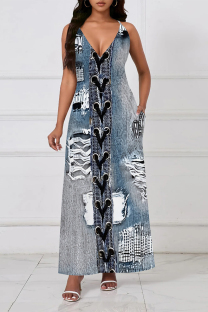 Medium Blue Sexy Faux Denim Print Pocket Contrast V Neck Sling Dresses