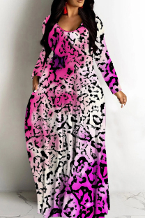 Rose Red Casual Print Basic V Neck Long Dresses