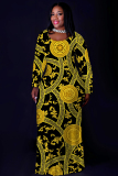 Black Gold Casual Print Basic O Neck Long Plus Size Dresses
