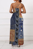 Baby Blue Sexy Faux Denim Print Pocket Contrast V Neck Sling Dresses