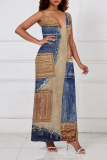 Baby Blue Sexy Faux Denim Print Pocket Contrast V Neck Sling Dresses