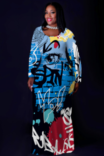 Blue Casual Print Basic O Neck Long Plus Size Dresses
