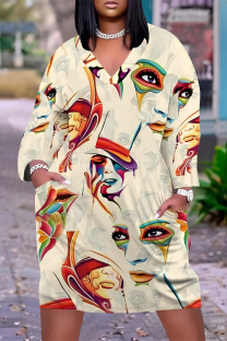 Beige Casual Street Camouflage Print Butterfly Flowers Pocket Contrast V Neck Printed Plus Size Dresses