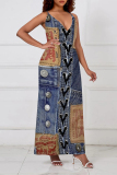 Baby Blue Sexy Faux Denim Print Pocket Contrast V Neck Sling Dresses