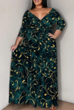 Gold Casual Print Patchwork Strap Design V Neck Long Plus Size Dresses
