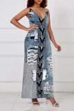 Baby Blue Sexy Faux Denim Print Pocket Contrast V Neck Sling Dresses
