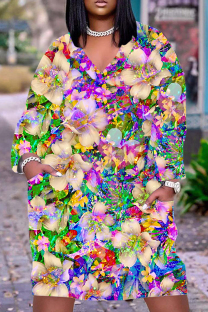 Apricot Casual Floral Print Basic V Neck Long Sleeve Plus Size Dresses