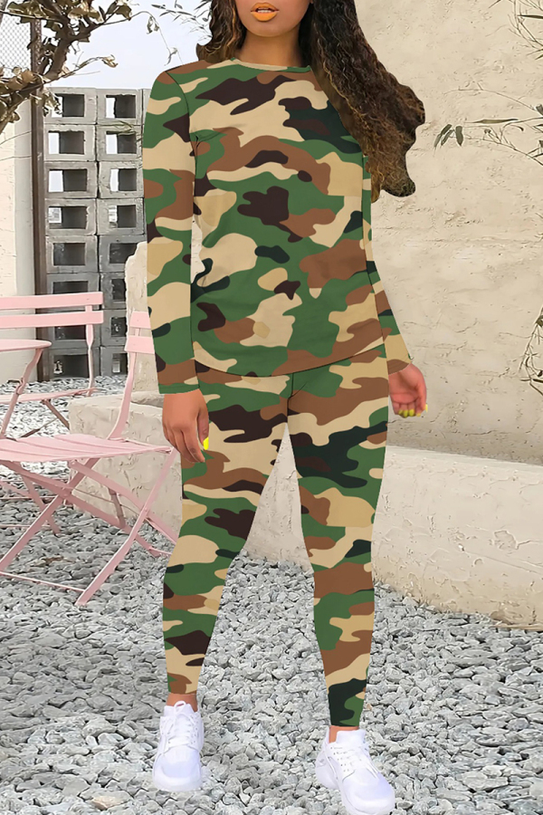 Dark Green Casual Camouflage Print Patchwork O Neck Long Sleeve Two Pieces