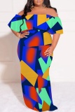 Blue Casual Print Patchwork Off Shoulder Long Plus Size Dresses