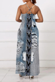 Baby Blue Sexy Faux Denim Print Pocket Contrast V Neck Sling Dresses