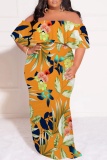 Blue Casual Print Patchwork Off Shoulder Long Plus Size Dresses