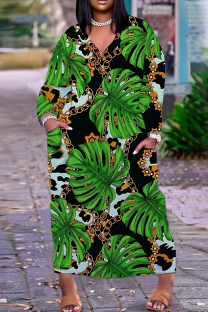 Green Casual Floral Print Basic V Neck Long Plus Size Dresses