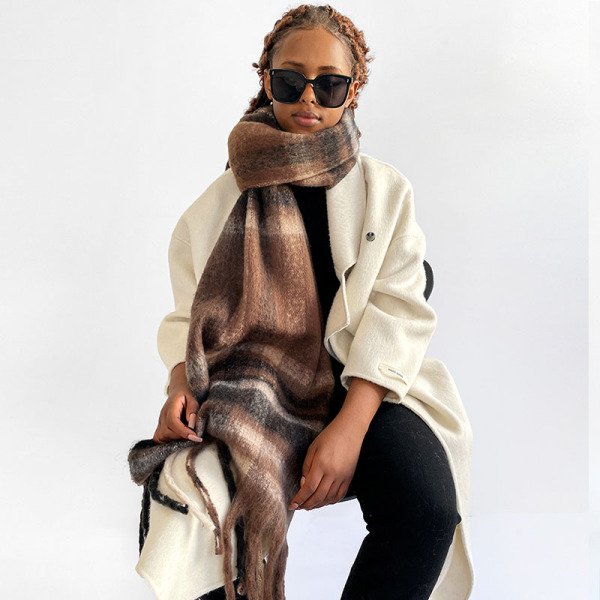 Light Coffee Casual Daily Plaid Tassel Scarf
