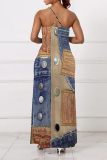 Baby Blue Sexy Faux Denim Print Pocket Contrast V Neck Sling Dresses