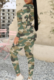 Khaki Casual Camouflage Print Patchwork O Neck Long Sleeve Two Pieces