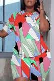 Pink Green Casual Print Basic O Neck Short Sleeve Two Pieces