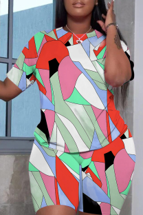 Pink Green Casual Print Basic O Neck Short Sleeve Two Pieces