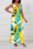 Black Sexy Floral Print Contrast V Neck Sling Dresses
