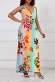Black Sexy Floral Print Contrast V Neck Sling Dresses