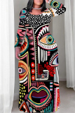 Green Casual National Totem Print Contrast O Neck Printed Plus Size Dresses