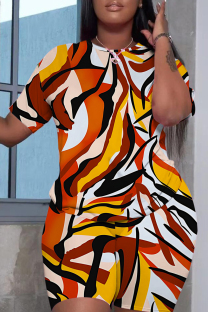 Orange Brown Casual Print Basic O Neck Short Sleeve Two Pieces