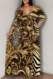 Gold Casual Print Patchwork Strap Design V Neck Long Plus Size Dresses