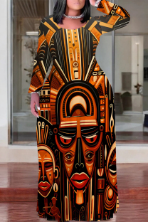 Brown Casual National Totem Print Contrast O Neck Printed Plus Size Dresses