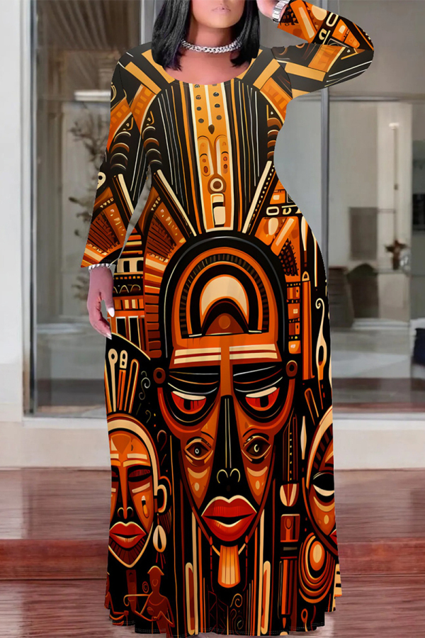 Brown Casual National Totem Print Contrast O Neck Printed Plus Size Dresses