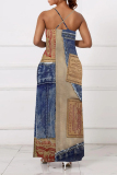 Baby Blue Sexy Faux Denim Print Pocket Contrast V Neck Sling Dresses