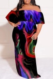 Blue Casual Print Patchwork Off Shoulder Long Plus Size Dresses