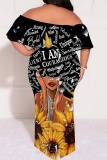 Blue Casual Print Patchwork Off Shoulder Long Plus Size Dresses